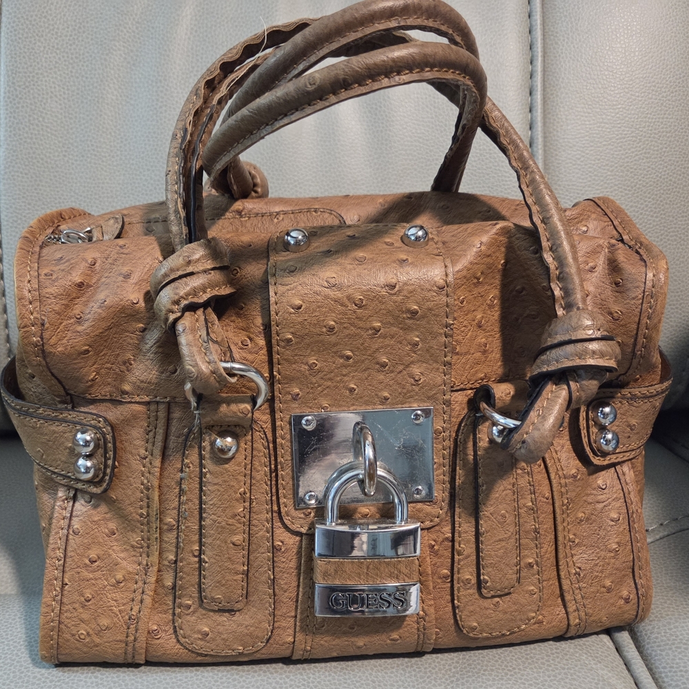GUESS Tan Ostrich-Texture Satchel with Silver Padlock